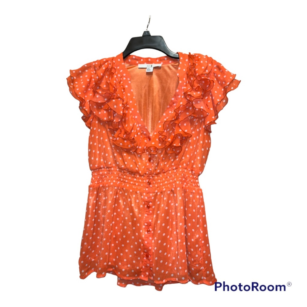 Orange polka dot ruffle blouse